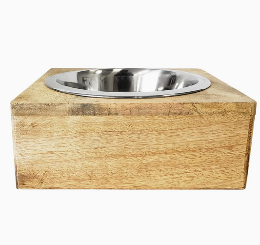 Stainless Steel Dog Bowl with Square Mango Wood Holder